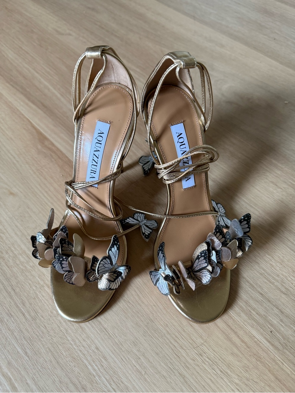 Aquazzura Gold Butterfly Appliqué Strappy Heels NEW IN BOX